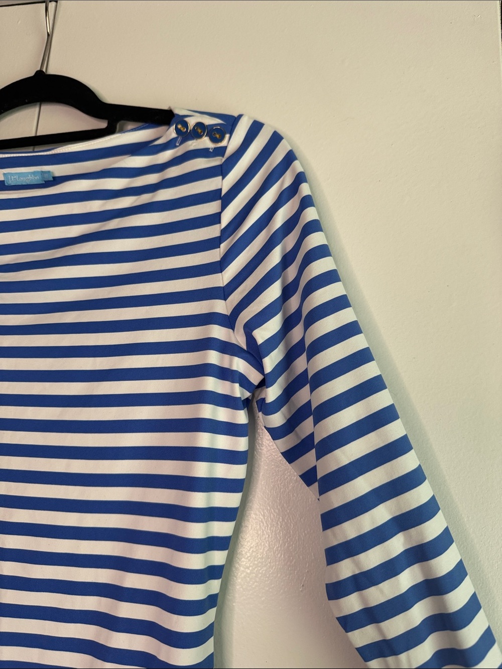 J. McLaughlin Blue and White Striped Boatneck Top with Shoulder Buttons - Picture 4 of 5